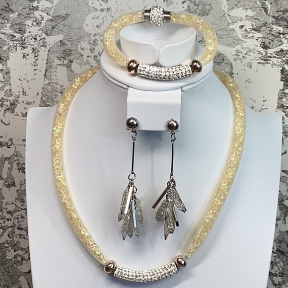 Jewelry - Rhinestone and Crystal AB Yellow Silver and White Necklace Bracelet Earrings Set